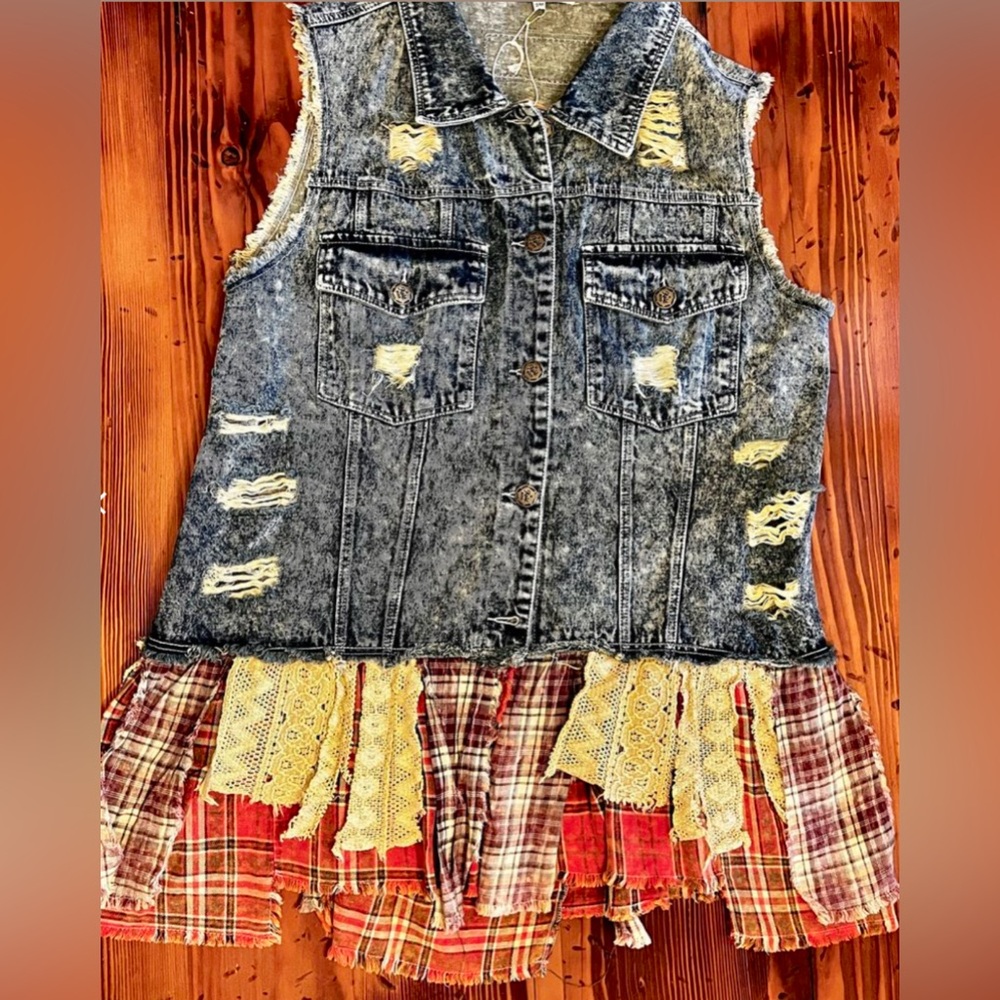 NWT Handmade Tattered Denim Flannel Vest by A Rare Bird, Women’s Size S/M